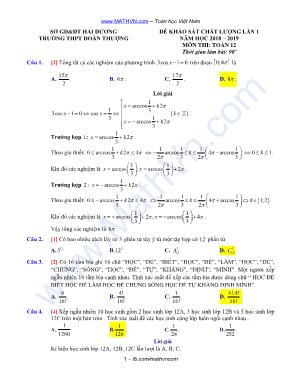 Đề khảo sát chất lượng lần 1 môn Toán Lớp 12 - Năm học 2018-2019 - Trường THPT Đoàn Thượng (Có đáp án)